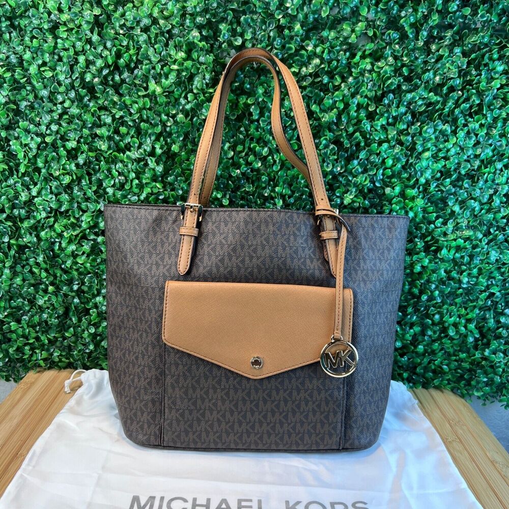 Michael Kors Jet Set Medium Pocket Tote Bag in Brown & Dust Cover Designer Tote
